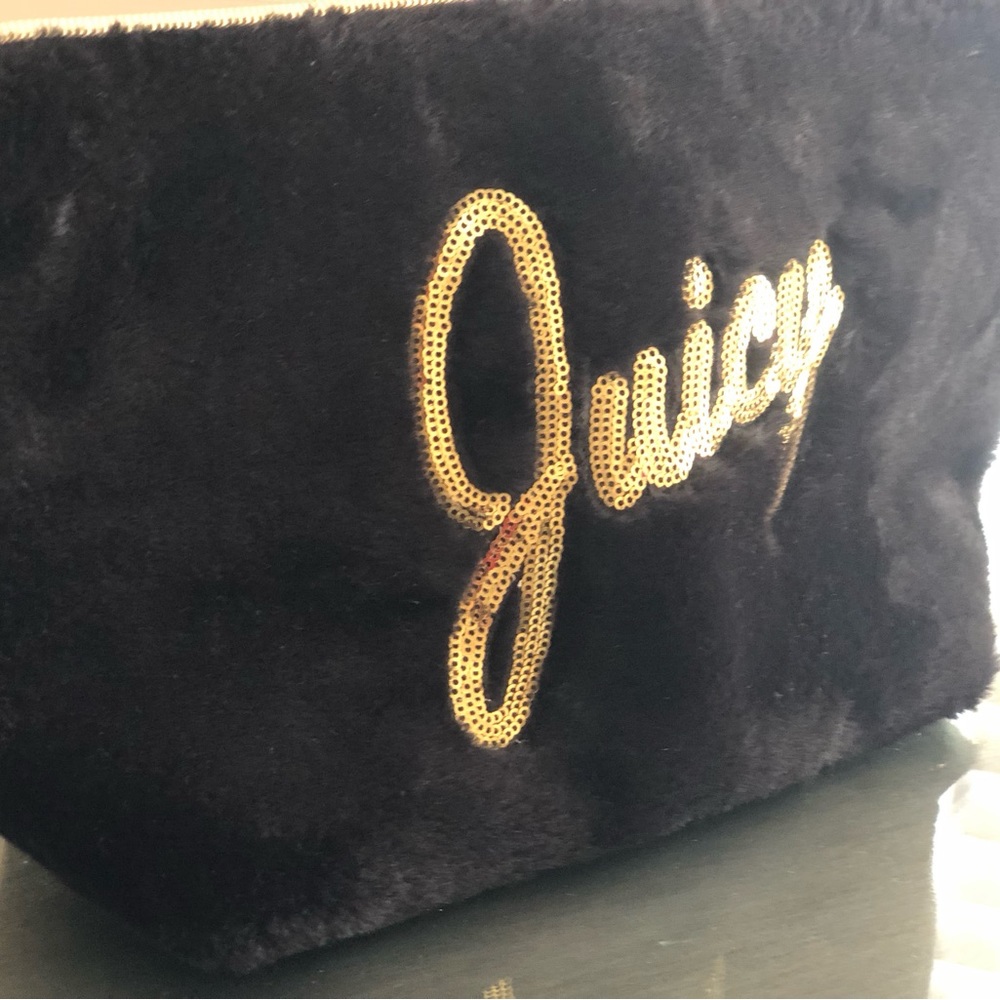 Juicy Med/Large Black Fur style Travel Makeup Bag with Gold Juicy sequins name